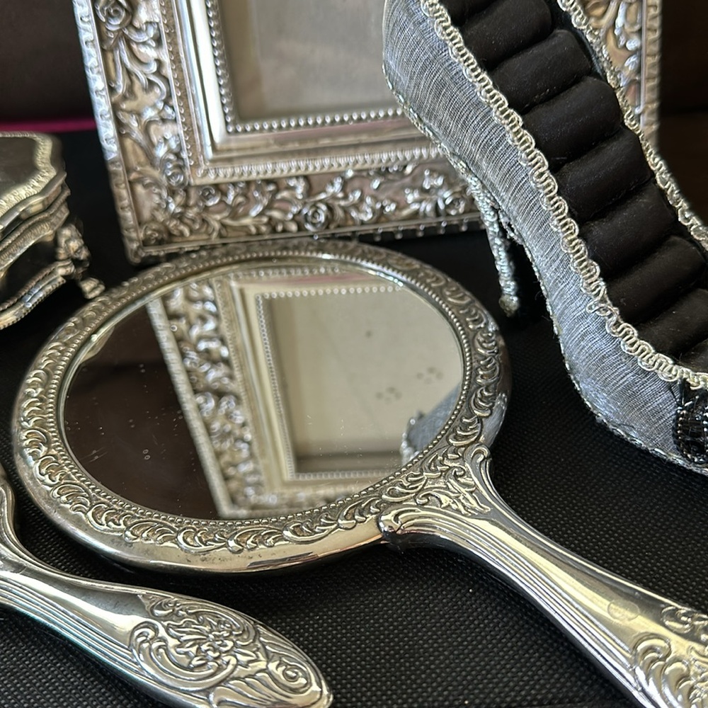 Vintage Silver Vanity Set Ornate Mirror, Brush, Trinket Box with Victorian Charm - Picture 6 of 16